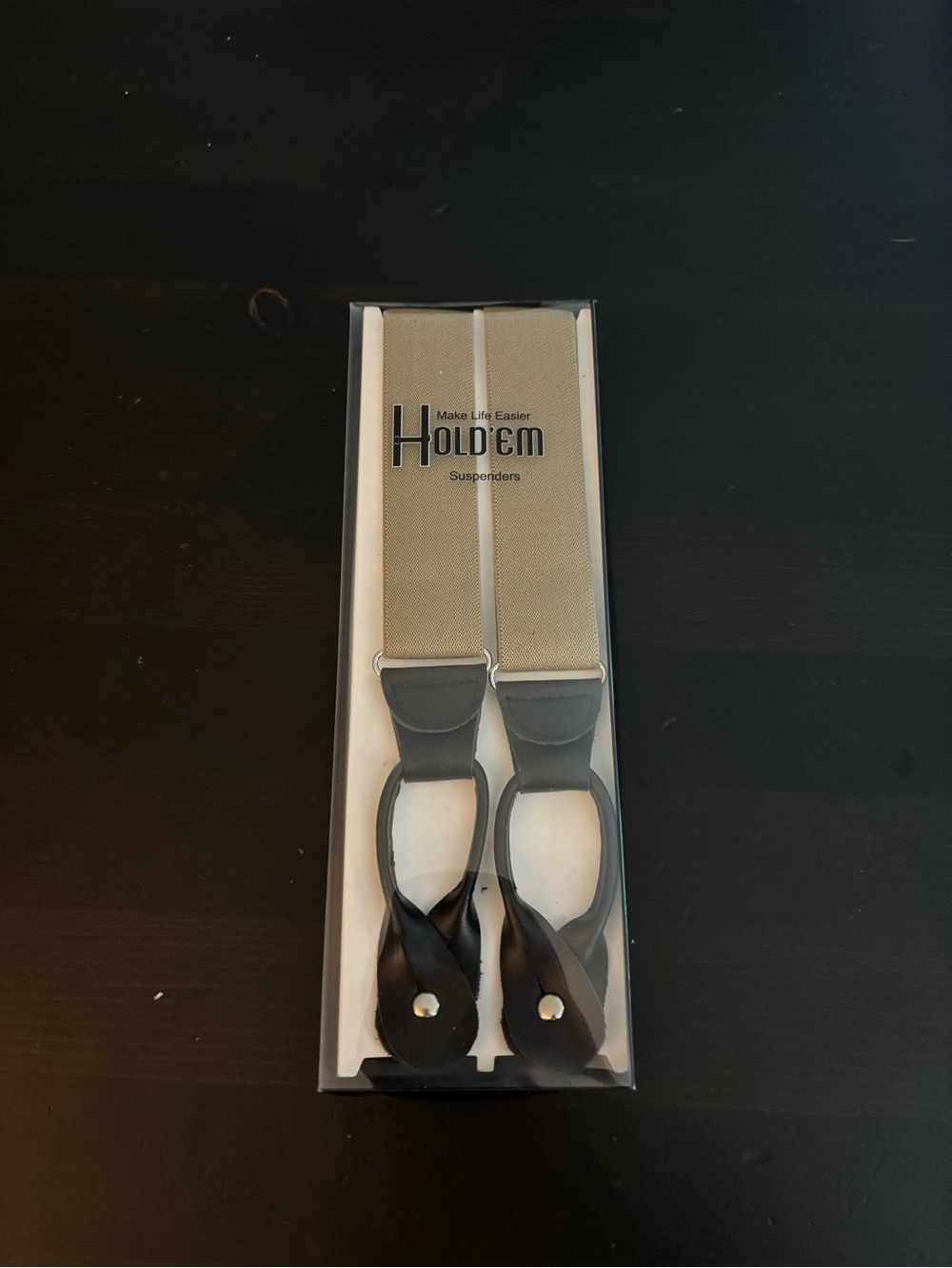 Men’s Beige Suspenders with Black Leather Details